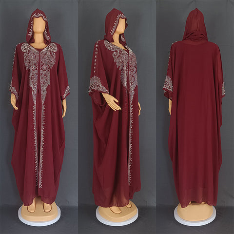 Rhinestone Beaded Muslim Long Gown African Hooded Dress