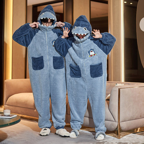 Combinaison mignonne de dessin animé, vêtement d'intérieur, pyjama une pièce pour couple, en polaire corail épaisse pour l'hiver, pour femme, vêtements d'intérieur