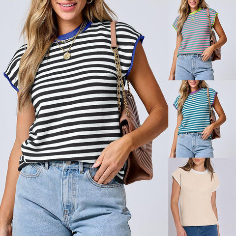 Pull tricoté ras du cou pour femme, décontracté, à rayures et couleurs contrastées