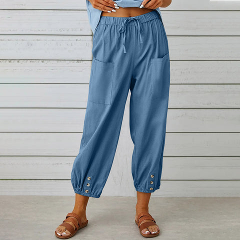 Women Drawstring Tie Pants Spring Summer Cotton And Linen Trousers With Pockets Button - Fashionner