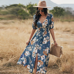 Floral Summer Beach Dress With V Neck Elastic Waist Dresses For Women - Fashionner
