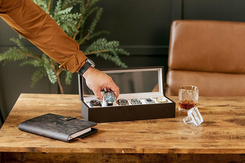 Boîte de rangement en bois pour montres avec couvercle en verre