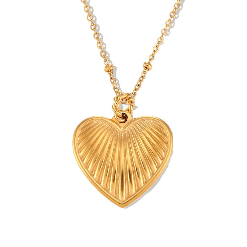Beads Chain Striped Peach Heart Pendant Simple 18K Gold Necklace
