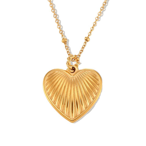 Collier simple en or 18 carats avec pendentif cœur pêche rayé et chaîne de perles