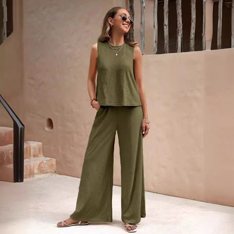 Ensemble pantalon uni décontracté et ample pour femmes, costume deux pièces élégant pour le printemps et l'été, ensemble pantalon complet, tenue féminine