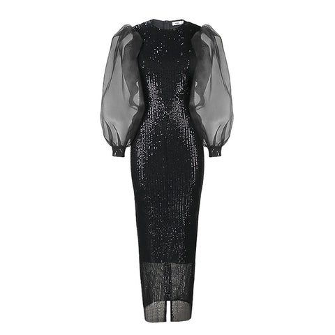 Lantern Sleeves Stretch Sequin Party Mid-length Dresses For Women - Fashionner