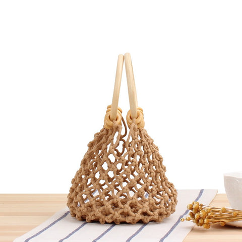 Nouveau sac filet de couleur unie, sac tissé à la main, sac de forêt en fil de coton noué à la main, sac de plage de vacances au bord de la mer