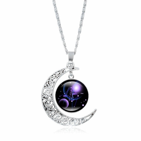 Zodiac Time Gem Luminous Necklace For Women, Simple Silver Moon Pendant Choker