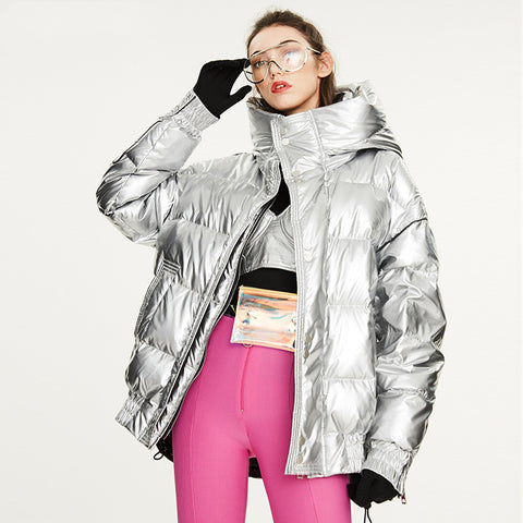 Couples Laser Glossy Thickened Loose Mid Length Down Jacket - Fashionner