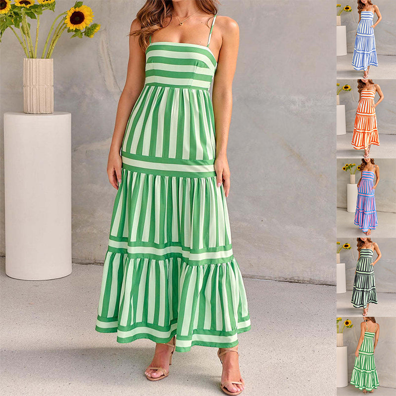 Buy Summer Striped Printed Suspender Long Dress With Pockets Fashion Square Neck Backless Dresses For Beach Vacation Women Clothing online at Fashionner.