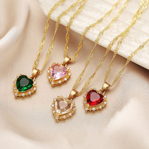 Colorful Rhinestones Heart-shped Necklace Love Gold Clavicle Chain Ins Personalized Jewelry For Women Valentine's Day - Fashionner