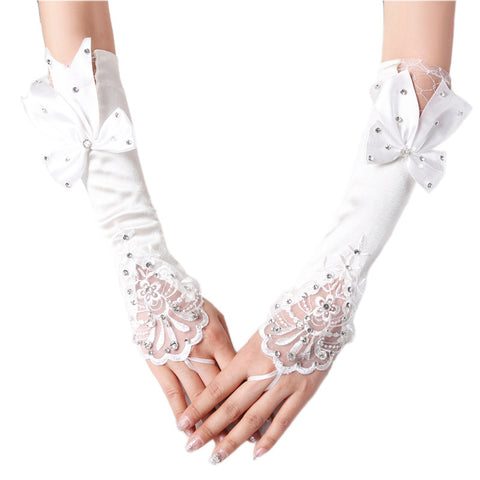 Gants de mariée de mariage Crochet Doigt Fleur Nœud Dentelle Manches Creuses
