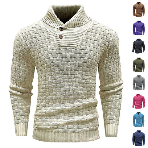 Pull col roulé slim pour homme avec boutons, mode décontractée, couleur unie, vêtement haut