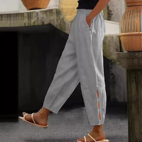 Hollow-Out Ankle Detail Trousers - Button-Adorned Bottom Hem Pants For Women Summer Daily Wear