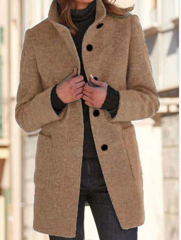 Buy Fashion Stand Collar Woolen Coat With Pockets Fall Winter Casual Button Outwear For Women Clothing online at Fashionner.