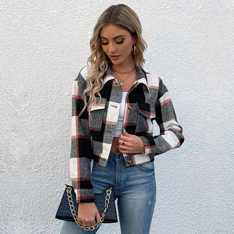 Veste courte à revers à carreaux avec poches Boutons mode Manches longues Manteau court pour vêtements femme