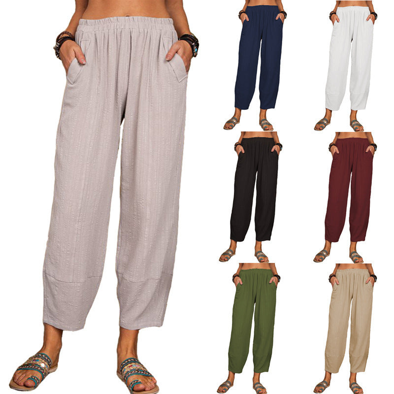 Women's Solid Color Loose Cotton And Linen Casual Pants Home - Fashionner