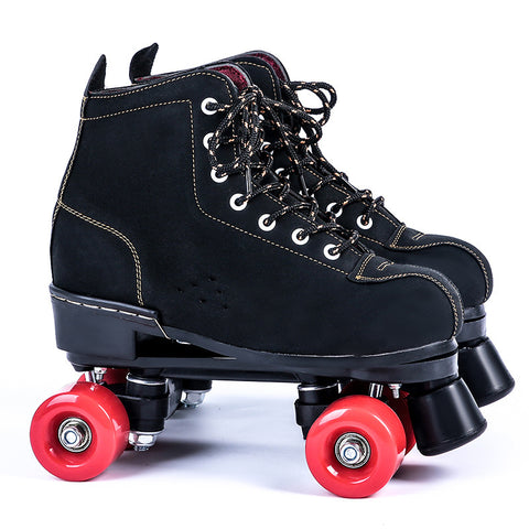 Chaussures de patins à roulettes noires en cuir 4 roues doubles rangées
