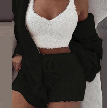 Buy 3Pcs Womens Clothing Long Sleeve Crop Tank Top And Drawstring Shorts Pajama Set online at Fashionner.