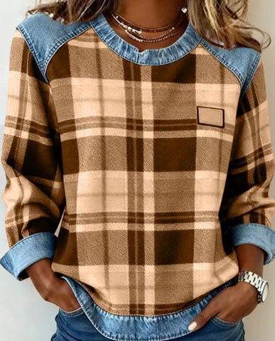 Sweat-shirt en jean patchwork, mode, col rond, pull unique, haut de chemise à manches longues, vêtements pour femmes