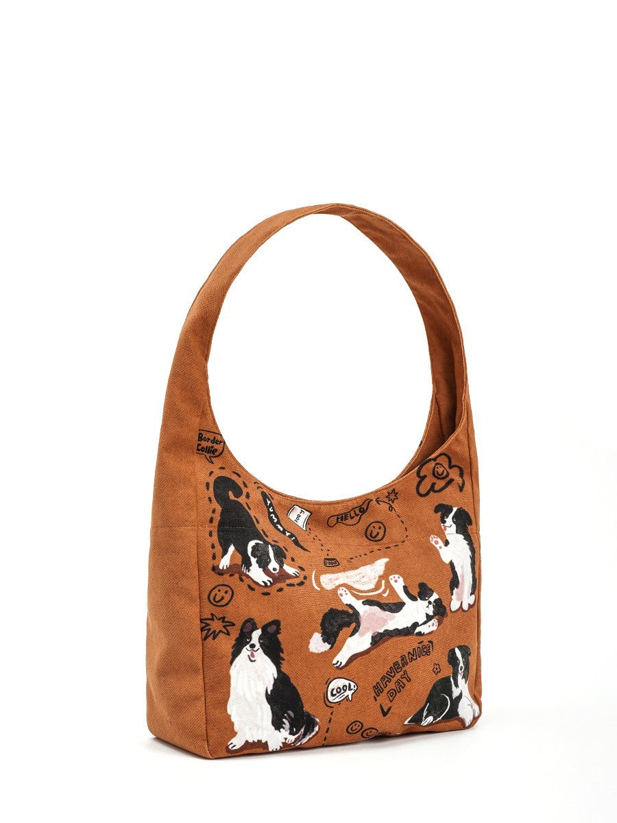 Retro Shoulder Puppy Printed Large Capacity Casual Canvas Bag - Fashionner