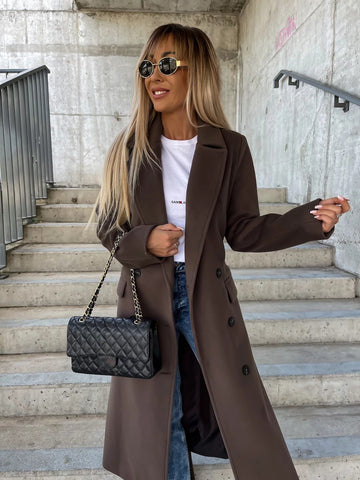 Buy Double-Breasted Lapel Split Jacket With Belt Winter Fashion Casual Long Sleeve Button Daily Coats For Women Clothing online at Fashionner.