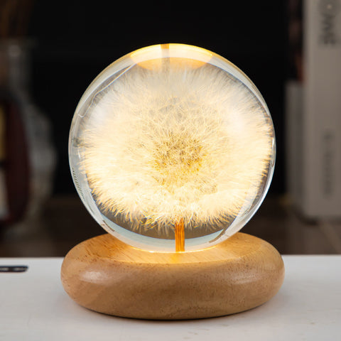 Veilleuse LED Fleur Boule de Cristal Lampe de Nuit pour Enfants avec Base en Bois Lumière Ambiante de Chambre Cadeau Créatif Veilleuse