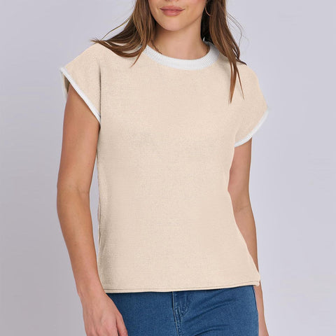 Pull tricoté ras du cou pour femme, décontracté, à rayures et couleurs contrastées