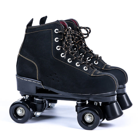 Chaussures de patins à roulettes noires en cuir 4 roues doubles rangées