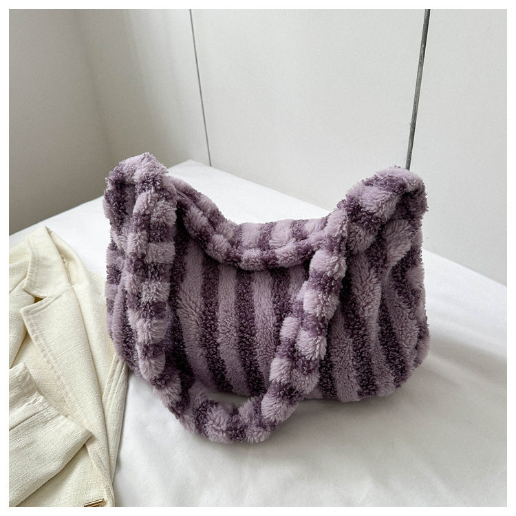 Large-capacity Striped Plush Bag Winter New Fashion Portable Tote Shoulder Bags Shopping Furry Handbags For Women - Fashionner