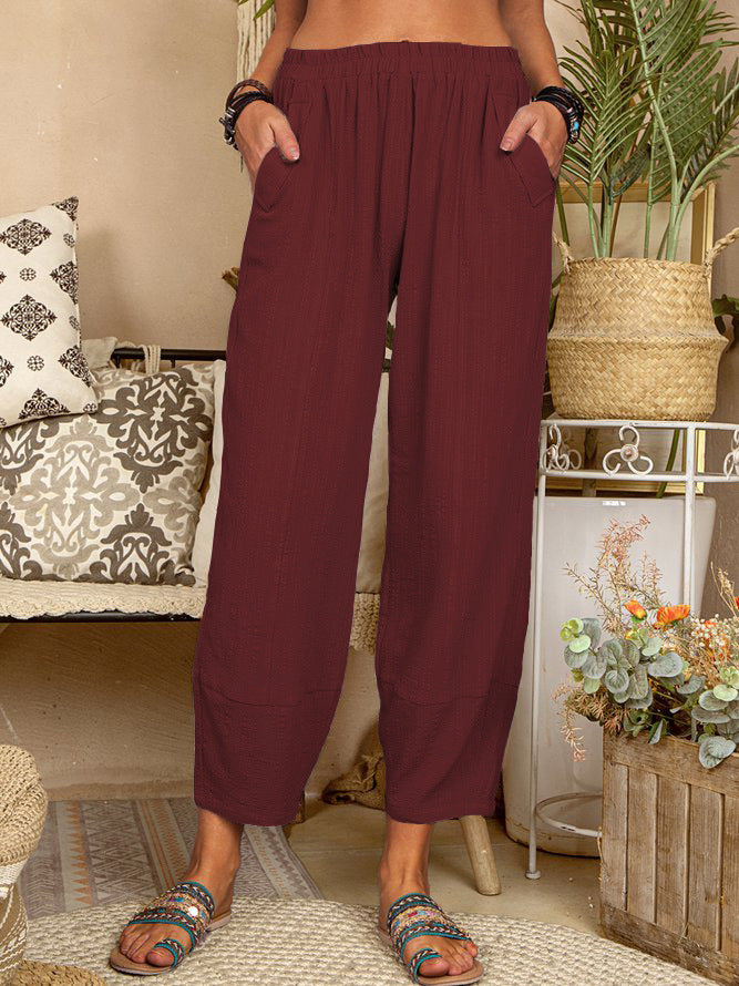 Women's Solid Color Loose Cotton And Linen Casual Pants Home - Fashionner