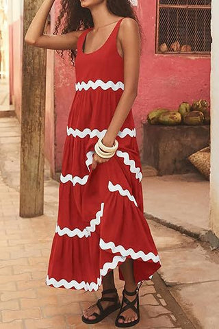 U-neck Wavy Print Long Dress Sleeveless Solid Color A-line Dress Summer Womens Clothing - Fashionner