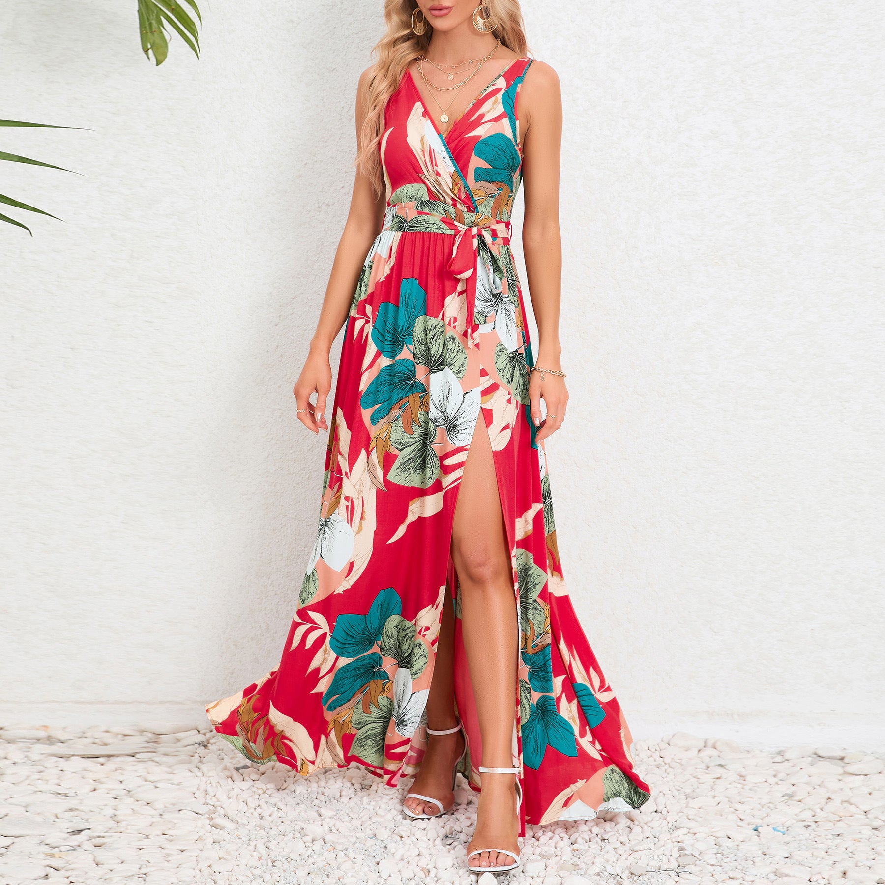 V-neck Floral Print Long Dress Summer Fashion Waist Tie Slit Design Sleeveless Dress For Womens Clothing - Fashionner