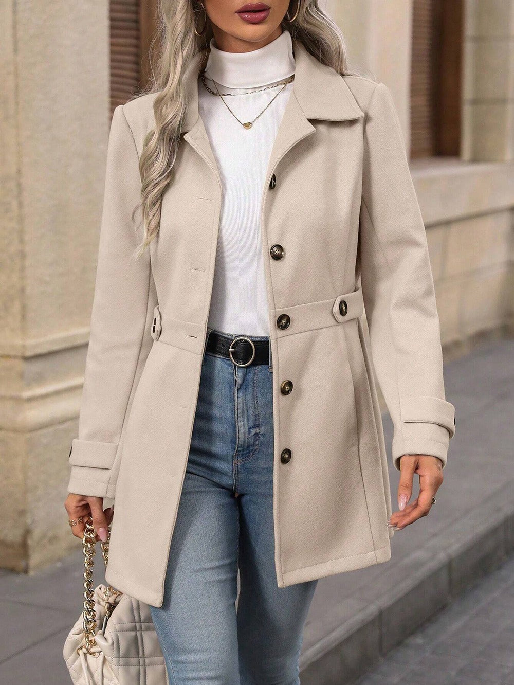 Buy Elegant Single-Breasted Woolen Coat Buttons Lapel Mid-Length Jacket Temperament Commuter Outwear Clothing For Women online at Fashionner.