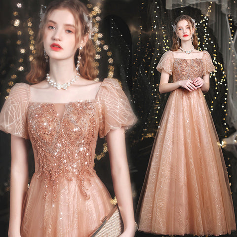 Robe de soirée dorée à manches bouffantes pour femme