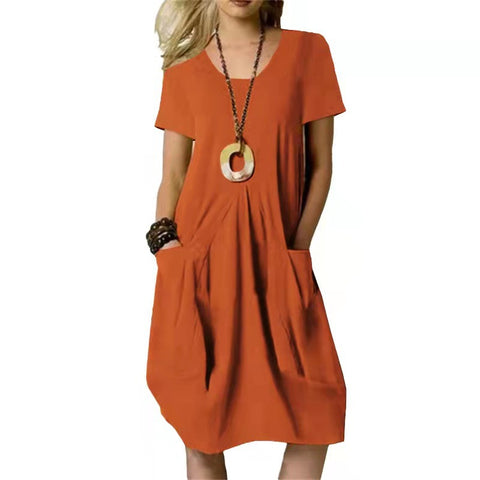 Women's Dress With Pockets Cotton Linen Solid Color Loose Round Neck Short Sleeve Dress Summer - Fashionner