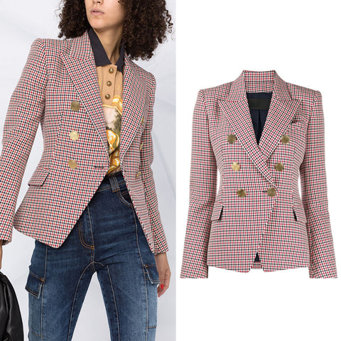 Veste courte pied-de-poule pour femme, blazer croisé à manches longues