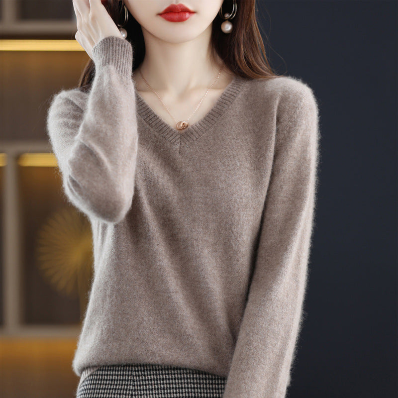 Women's V-neck Loose Pullover Long Sleeve Sweater - Fashionner