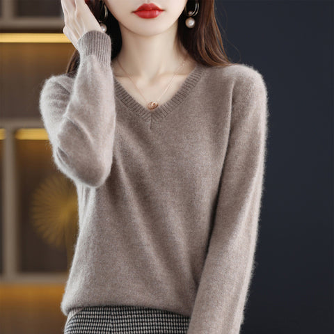 Women's V-neck Loose Pullover Long Sleeve Sweater - Fashionner