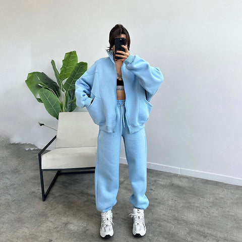Survêtements de sport pour femme avec poches, veste zippée à col montant et pantalon à cordon de serrage, ensemble de jogging mode