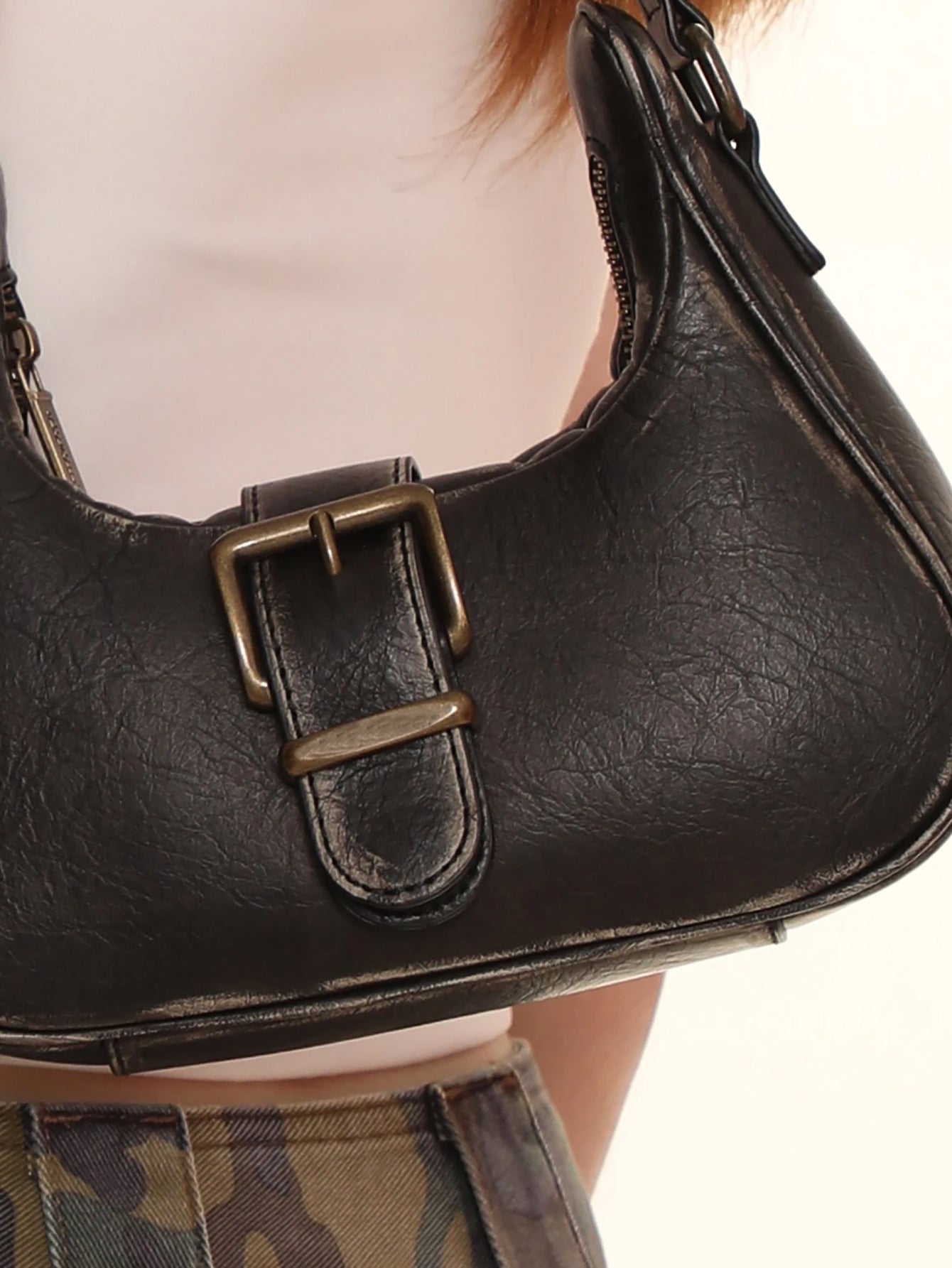 Vintage Vegetable Tanned Brushed Distressed Leather Pin Buckle Shoulder Bag - Fashionner