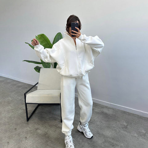 Survêtements de sport pour femme avec poches, veste zippée à col montant et pantalon à cordon de serrage, ensemble de jogging mode