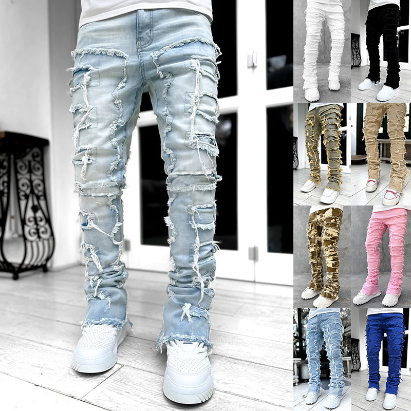 Men Trousers Individual Patched Pants Long Tight Fit Stacked Jeans For Mens Clothing - Fashionner