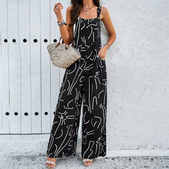 Fashion Print Square Neck Jumpsuit With Pockets Spring Summer Casual Loose Overalls Womens Clothing - Fashionner