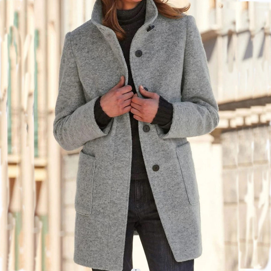 Buy Fashion Stand Collar Woolen Coat With Pockets Fall Winter Casual Button Outwear For Women Clothing online at Fashionner.