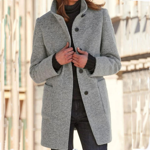 Buy Fashion Stand Collar Woolen Coat With Pockets Fall Winter Casual Button Outwear For Women Clothing online at Fashionner.