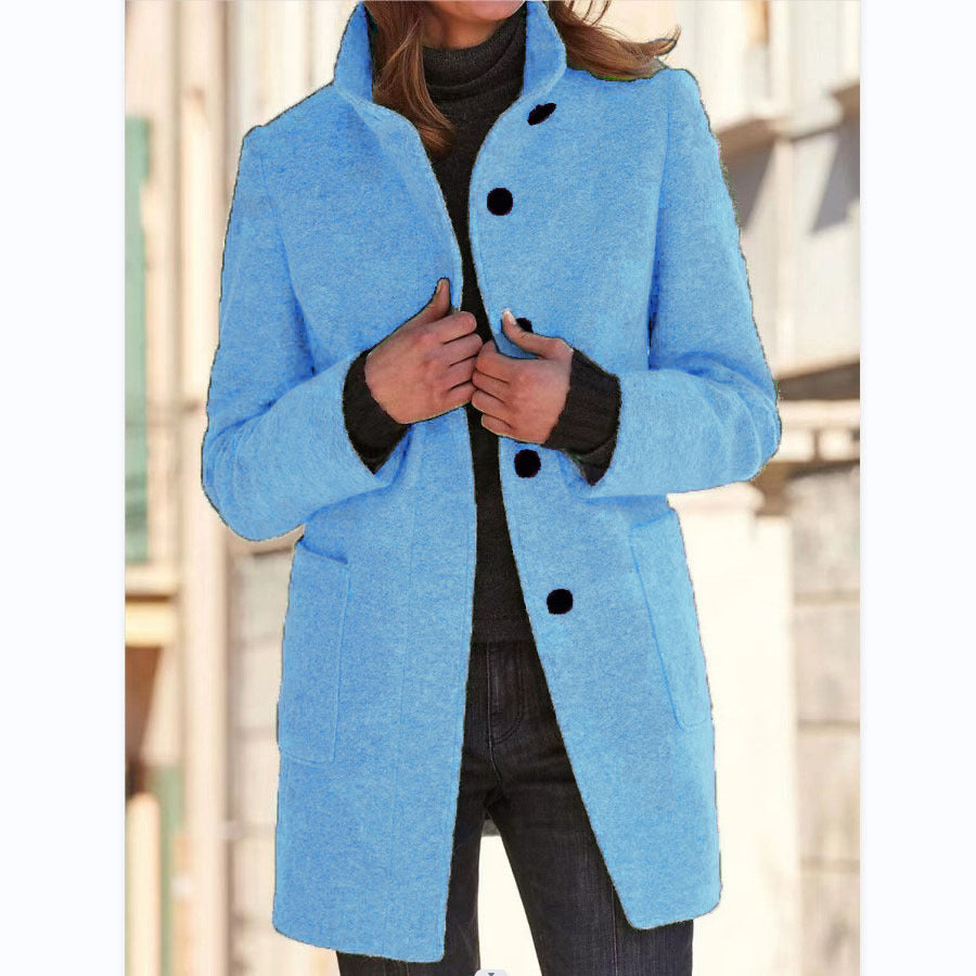 Buy Fashion Stand Collar Woolen Coat With Pockets Fall Winter Casual Button Outwear For Women Clothing online at Fashionner.