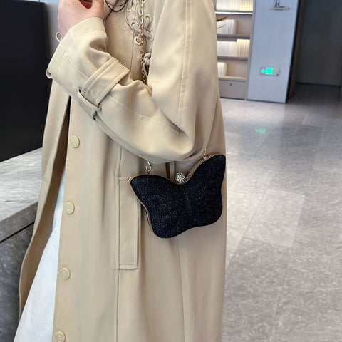 Sac bandoulière en métal pour femme à motif papillon, rayures et bouton-pression