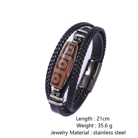 Buy Hand-Woven Men'S Leather Bracelet With Stainless Steel Nine-Eyed Dzi Beads online at Fashionner.