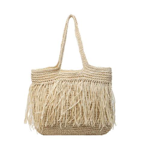 Sac à bandoulière tressé en paille pour femme avec pompon grande capacité